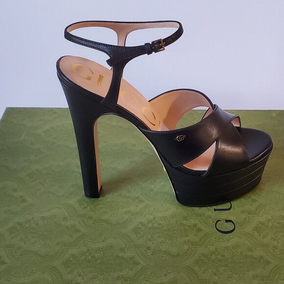 NIB Gucci Platform GG logo black leather Pumps sandals - IT 39/ US 9 - Picture 5 of 11